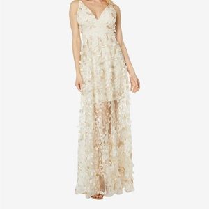 XSCAPE long v front mesh 3-D embroidered dress